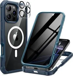 for iPhone 16 Pro Max Case Full Body Bumper with Built-in 9H Tempered Glass Privacy Screen Protector and Camera Lens Protector Compatible with MagSafe Shockproof Phone Cover 6.9 Blue