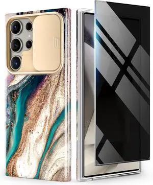 for  Galaxy S24 Ultra Case with Slide Camera Cover+Privacy Screen Protector [Military Grade Shockproof] Marble Protective Slim & Tough Phone Case for S24 Ultra 6.8(Drift Sand/Brown)