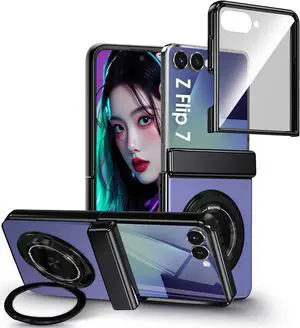 for  Galaxy Z Flip 7 Case with Screen Protector Hinge Protection Phone Case for Z Flip 7 with Mag-Safe 360° Rotating Ring Holder Hard PC Shockproof Full Body Protective Cover (Blue)