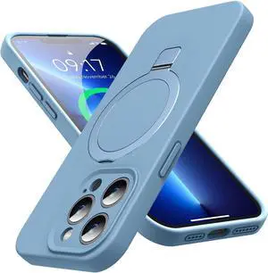 Mag-Ring Designed for iPhone 13 Pro Max Case Liquid Silicone [Moisturizing Factor] Extreme Soft Slim Phone Case with Stand [Compatible with MagSafe] for 13 Promax 6.7 inch Men Women Mint Blue