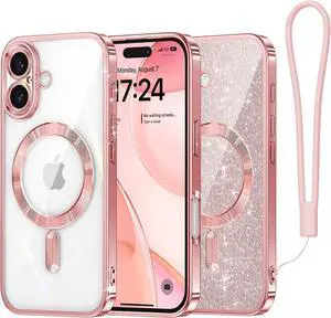 Designed for iPhone 16 Plus Case 6.7 [Glitter Card & Wrist Strap] [Compatible with MagSafe] Full Lens Protection Designed for 16 Plus Case Rose Gold