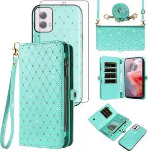 Phone Case for Motorola Moto G Power 5G 2024 Zipper Wallet Detachable Cell Cover with Tempered Glass Screen Protector Crossbody Lanyard Strap Glitter Flip Card Holder Slot G5 Women Girls Teal