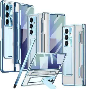 for  Galaxy Z Fold 7 Case with S Pen Holder & Stylus One-Piece Z Fold7 Clear Case with Kickstand Hinge Protection HD Screen Protector Anti-Scratch Protective Cover for Z Fold 7 Blue