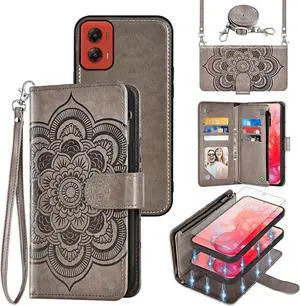 Phone Case for Motorola Moto G Stylus 5G 2024 Zipper Wallet Magnetic Detachable Cell Cover with Tempered Glass Screen Protector Crossbody Lanyard Strap Mandala Flower Card Holder G5 Women Gray