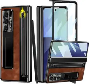 for  Galaxy Z Fold 7 Case with S Pen Holder & Stylus Pen Full Coverage Retro Leather Phone Case with Kickstand HD Screen Protector Anti-Scratch Protective Cover for Z Fold 7 Brown