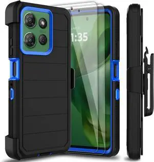 for Motorola Moto G Power 5G 2025 Case with 2 Pack Tempered Glass Screen Protector [Holster Series] Kickstand Belt Clip Military Grade Shockproof Protective Phone Cover Case (Black/Blue)