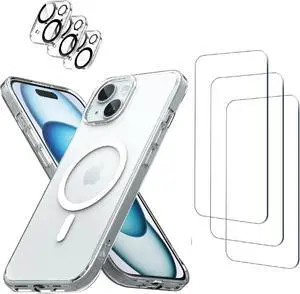 3 Pack Tempered Glass Screen Protector for iPhone 14 Plus [6.7 Inch] + Clear Case [Compatible with MagSafe] Magnetic Wireless Charging + 3 Pack Camera Lens Protector [7in1 Care Kit]