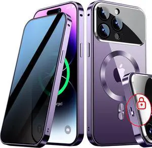 [Full Camera Protection& Mechanical Lock]Magnetic Privacy Case for iPhone 14 Pro Max[Compatible with MagSafe][CD Metal Ring]Full Body Shockproof Metal Bumper 9H Anti Peeping Glass Cover-Purple