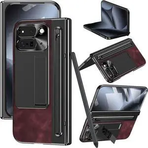 for Google Pixel 10 Pro Fold Case with S Pen Holder & Stylus Retro PU Leather Case with Hinge Protection Screen Protector Kickstand Protective Case for Google Pixel 10 Pro Fold Red Brown