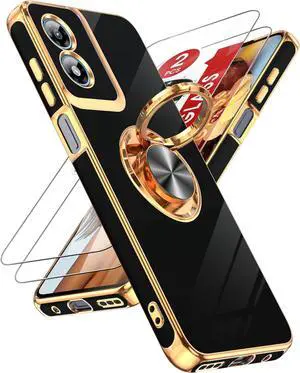for Moto-G Play-2024-Case: (?????? ?????? ?? ???? ????????) 360° Magnetic Ring Stand Rose Gold Edge Shockproof TPU 2X Tempered Glass Black