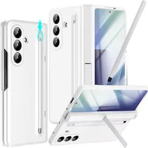 for  Galaxy Z Fold 7 Case with S Pen Holder & Slim Stylus Z Fold7 Phone Case with Kickstand Hinge Cover HD Screen Protector Full Coverage Pen Slot Protective Cover for Z Fold 7 White