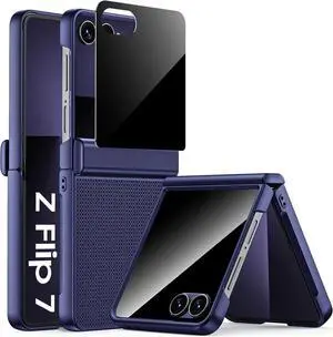 for  Galaxy Z Flip 7 Case with Privacy Screen Protector & Hinge Protection Slim Non-Slip Hard Full Body Shockproof Cover Wireless Charging Case for Galaxy Z Flip 7 (Blue)