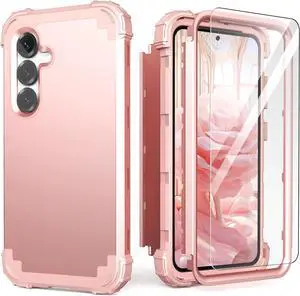 for Galaxy S25 5G Case with Screen Protector Hybrid 3 in 1 Shockproof Heavy Duty Protection Hard PC Bumper+Soft Silicone Protective Full Body Cover for  Galaxy S25 5G 6.1 Rose Gold