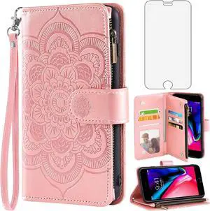 Compatible with iPhone 7plus 8plus 7/8 Plus Wallet Case and Tempered Glass Screen Protector Leather Flip Card Holder Cell Phone Cover for i Phone7s 7s + 7+ 8s 8+ Phones8 7p 8p Women Rose Gold