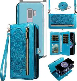 Phone Case for  Galaxy S9 Plus Zipper Wallet Magnetic Detachable Cell Cover with Tempered Glass Screen Protector Crossbody Strap Flower Card Holder S9+ 9S 9+ S 9 9plus S9plus Women Blue
