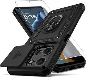 for Moto G 2025 Case with Camera Lens Cover HD Screen Protector [Military Grade] Car Mount Kickstand Shockproof Protective Case for Motorola G 2025 Black