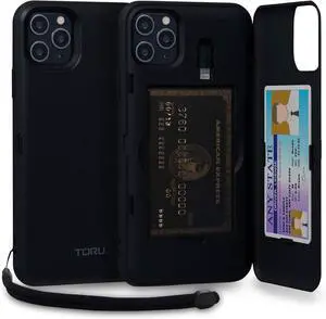 CX PRO for iPhone 11 Pro Max Case Wallet | Protective Shockproof Heavy Duty Cover with Hidden Card Holder & Card Slot |Wrist Strap Lightning Adapter Mirror Included - Black