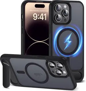 Compatible with iPhone 13 Pro Max Case [Compatible with Mag-Safe][Adjustable Kickstand][Military Grade Drop Protection] Translucent Phone Case for iPhone 13 Pro Max Black