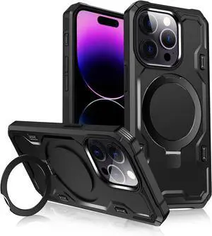 for iPhone 14 Pro Max Case [Compatible with Magsafe] [Invisible Built in Stand & Ring Holder] MIL-Grade Dual Layer Shockproof Full Protective Case for 14 Pro Max-Black