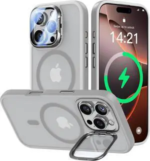 [Upgraded] for iPhone 16 Pro Max Case with Camera Cover Stand [Fit for MagSafe][9H Camera Lens Protector] Mil-Grade Protection Translucent Magnetic iPhone 16 Pro Max Phone Case Grey