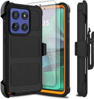 for Motorola Moto G Stylus 5G 2025 Case with 2 Pack Tempered Glass Screen Protector [Holster Series] Belt Clip Hard Heavy Duty Rugged Shockproof Protective Cell Phone Case (Black Orange)