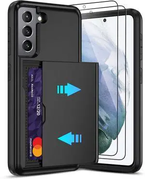 for  Galaxy S21 Case with Card Holder and (2 Pcs) HD Screen Protector Slim Heavy Duty Dual Layer Shockproof Design & Hidden Card Slot Wallet Case for Galaxy S21-Black