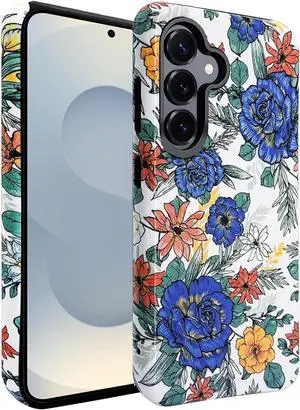 for  Galaxy S25 Case 6.2 inch Heavy Duty Slim Rugged Shockproof Vintage Blue Floral Print Hybrid Dual Layer Garden Flowers Cover for Girls Women Protective Phone Cases