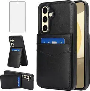 Phone Case for  Galaxy S24 FE 5G with Tempered Glass Screen Protector and Credit Card Holder Wallet Cover Stand Leather Cell Accessories S 24 EF S24FE 24S Women Men Black
