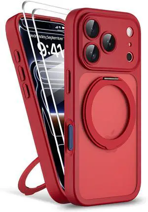 Magnetic for iPhone 17 Pro Case [2 x Screen Protector] Compatible with MagSafe Translucent Matte Military Grade 17 FT Drop Shockproof Full Camera Protection 360° Spin Stand Phone Cover Red