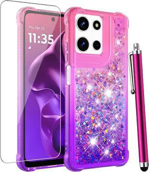 for Moto G 5G 2025 Case with Screen Protector Women Girls Glitter Bling Liquid Floating Cute Phone Case Slim TPU Soft Silicone Shockproof Protective Cover for Motorola G 5G 2025-Pink Purple