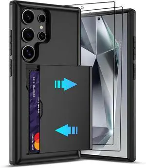 for  Galaxy S24 Ultra with Card Holder Dual-Layer Design & 2 HD Screen Protectors Hidden Card Slot Wallet Case for  S24 Ultra-Black