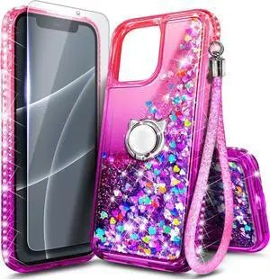 NGB Designed for iPhone 14 Pro Case Pink/Purple | Glitter Liquid Sparkle Cute Cover for Women Girls Kids | with Tempered Glass Screen Protector & Ring Holder & Wrist Strap