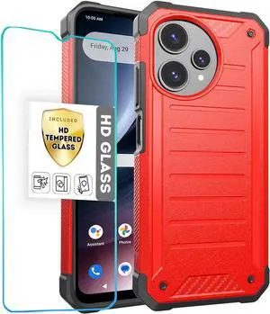Compatible for Cricket Icon PRO (PRO Version Only) / AT&T Motivate Pro 2 5G Premium Shock-Resistant Design Hybrid Case with Textured Grip Raised Edges + Tempered Glass Screen Red