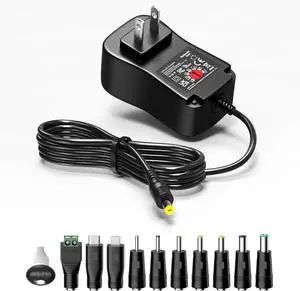 36W 3V 4.5V 5V 6V 7.5V 9V 12V Universal AC Adapter Multi Voltage Power Supply Wall Charger Cord with 10 DC Plugs Jacks for BT Speaker LED Strip Light CCTV Security Camera Router DVD Player