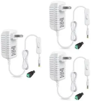 12V Power Supply 12 Volt 1A 12W DC Power Supply with On Off Switch White Switching LED Power Adapter AC 110V to 12V Transformer Plug for LED Strip Lights with 5.5/2.1 DC Female Connector 3 Pack