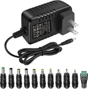 Universal 12V 2A 1A Power Supply AC Adapter with 11 Changeable DC Plug Tips AC to DC12V Power Cord for LED Strip Light CCTV Camera BT Speaker GPS Webcam Router DC12V Wall Plug Charger 6FT