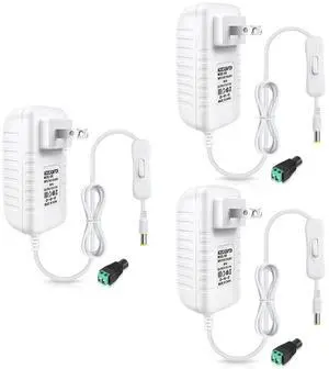 12V Power Supply 12 Volt 3A 36W DC Power Supply with On Off Switch White Switching LED Power Adapter AC 110V to 12V Transformer Plug for LED Strip Lights with 5.5/2.1 DC Female Connector 3 Pack