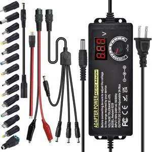 Universal Power Supply Adjustable 72w DC 3V ~ 24V Variable Switching 100V-240V AC/DC Adapter with Volt Display 14pcs Tips 4-Way Power Splitter Cable Test Lead Polarity Converter