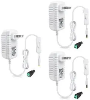 12V Power Supply 12 Volt 2A 24W DC Power Supply with On Off Switch White Switching LED Power Adapter AC 110V to 12V Transformer Plug for LED Strip Lights with 5.5/2.1 DC Female Connector 3 Pack