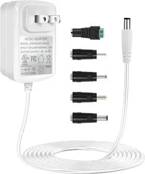 24V 1A Power Adapter White with 5 Tips 24W AC 100-240V to DC 24 Volt Power Supply Class 2 Switching for LED Strip Light String Lights Soundbar Massage Gun and More.