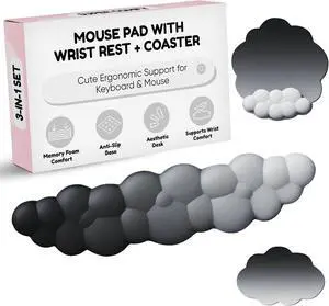 THONIV - Cloud Wrist Rest for Keyboard and Mouse Soft Memory Foam Support with Non-Slip Base Cute Cloud Design for Typing Gaming Office Bonus Coaster Included for Desk Aesthetic (Black Gradient)