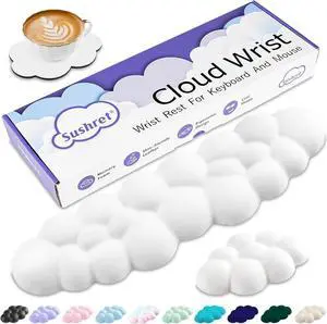 Cloud Wrist Rest Keyboard Cloud Keyboard Wrist Pad Set with PU Leather Memory Foam Cute Arm Rest for Palm Support PC/Gaming Desk Accessories/Office Setup/Computer Hand Cushion - White