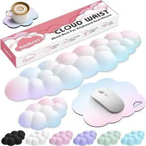 Cloud Wrist Rest for Computer Keyboard 4-in-1 Memory Foam Leather Cloud Keyboard Wrist Rest and Mouse Pad Set with Ergonomic Support for Arm and Palm Cushion Gaming/Work Setup Rainbow