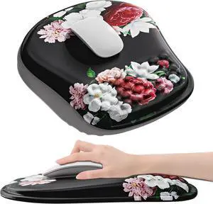 Mouse Pad with Wrist Rest Ergonomic Mousepads with Wrist Support Soft Lycra Fabric Memory Foam Office Desk Accessories for Comfort/Pain Relief/PC Gaming/Computer/Laptop (Black Peony)