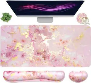Large Mouse Pad and Keyboard Wrist Rest Desk Pad for Keyboard and Mouse 4-in-1 Large Gaming Mouse Pad with Wrist Support Non-Slip Desk Mat for Home Office Study Game-Pink Gold Marble
