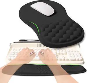 2-in-1 Ergonomic Set Wave Rise Keyboard Wrist Rest and Massage Bulge Slope Mouse Pad Wrist Support Cushion Memory Foam Integrated to Relieve Wrist Pain Black