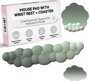 THONIV - Cloud Wrist Rest for Keyboard and Mouse Soft Memory Foam Support with Non-Slip Base Cute Cloud Design for Typing Gaming Office Bonus Coaster Included for Desk Aesthetic (Green Gradient)