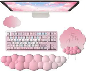Cloud Wrist Rest Keyboard Pink Mouse Pad Set with Wrist Rest Ergonomic Wrist Pad Memory Foam Non-Slip Base Cute Gradient Wrist Support for Computer Laptop Gaming Home Office Relief Typing Pain
