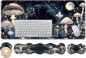 Keyboard Wrist Rest and Mouse Pad Set 31.5x11.8 Inches Desk Mat Waterproof Non-Slip Ergonomic Wrist Support for Pain Relief Extended Desk Protector for Office Home Gaming Mushroom Galaxy