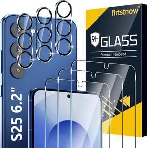 3 Pack Glass Screen Protector for  Galaxy S25 [6.2 inch] + 3 Pack Camera Lens Protector 9H Tempered Glass Fingerprint Unlock HD Clear Case Friendly Anti-Scratch